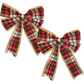 Black Duck Brand Christmas Holiday Burlap Holly Plaid Jingle Bell Decor Bows (Button; 2 Pack)