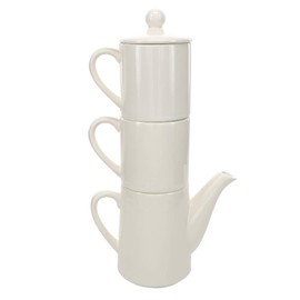 Pavilion Gift Company Love 15 oz Teapot With 2 Live & Laugh 8 oz Mugs Stackable Tea For Two Set, Cream