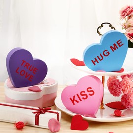 3 Pieces Valentine's Day Wooden Sign Conversation Heart Shape Home Decor Heart Shape Signs Candy Heart Tiered Tray Décor Farmhouse Sweetheart Heart Shape Table Blocks for Wedding(Cute Style)