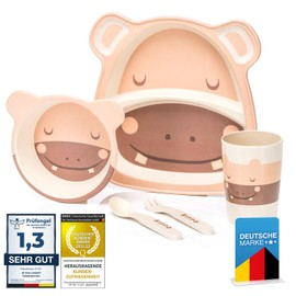 all Kids United® Children's Plastic Tableware Set 5-Piece Tableware Set with Animal Motifs; Cup, Bowl, Plate, Spoon & Fork for Children (Hippo)