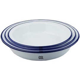 3 Piece Set - Round White Enamel Blue Rim Pie Dishes 20cm, 24cm, 26cm - (3R)