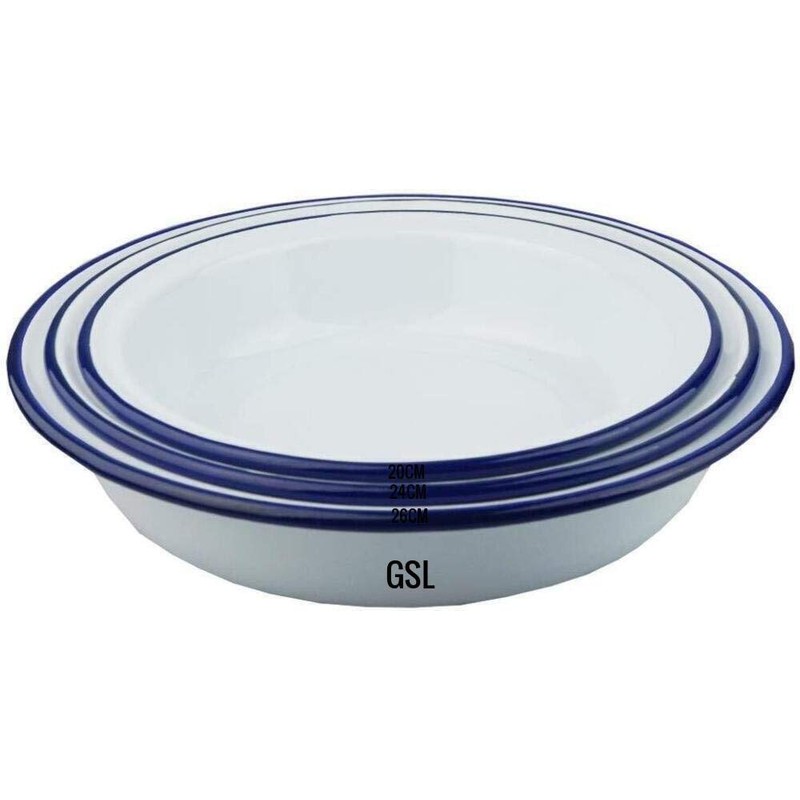 3 Piece Set - Round White Enamel Blue Rim Pie