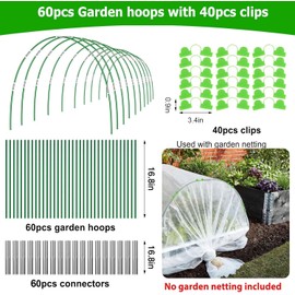 60pcs Garden Hoops for Raised Beds Wide, 8ft Greenhouse Hoops Grow Tunnel for Row Cover Netting, Adjustable Fiberglass Rust-Free Garden Bed Plant Hoops Support DIY Frame Stake for Outdoor, 40pcs Clips