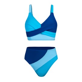 Girls Swimsuits Double Strap Design Cute Girls Bikini Swim Two Piece Sets with Chest Pad, Blue, 15-16 Years