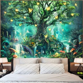 Zussun Fantasy Forest Tapestry Green Fairy Magical Tree of Life Tapestries for Bedroom Aesthetic Nature Plant Tapastry's Wall Hanging Mushroom Butterfly Elves Wall Tapestry for Living Room Dorm (90" x 68")