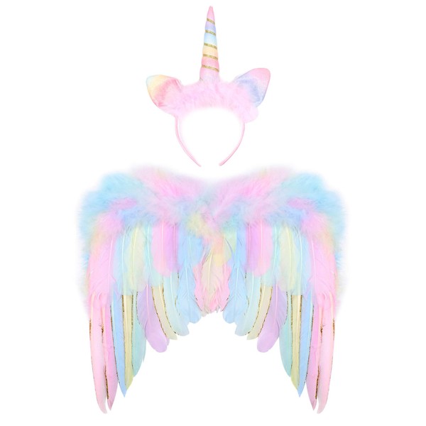 G.C Girls Unicorn Wings with Headband Cute Feather Angel Wings Halloween Costume Accessories Cosplay Dress up Birthday Decorations Rainbow
