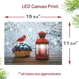 Cardinal On Basket & Lantern Winter Lighted Canvas Print - LED Wall Art Christmas Decoration - Measures 15.75" X 11.75"
