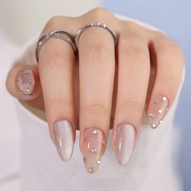 Glitter Press on Nails Medium Almond Fake Nails Nude False Nails with Design Rhinestone Glue on Nails Reusable Artificial Acrylic Glossy Full Cover Shiny Stick on Nails for Women Manicure 24pcs