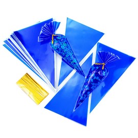 FAZHBARY 100 PCS Blue Cone Shaped Cellophane Treat Bags Cone Candy Bags 6 x10 for Blue Party Favors Supplies