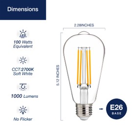 FLSNT 100W Equivalent LED Edison Bulbs, ST19/ST58 Dimmable LED Light Bulbs for Dining Room, Kitchen, High Brightness with 1000LM, 2700K Soft White, 8W, E26 Base, 6 Pack