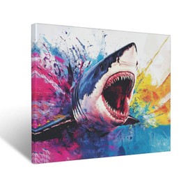 Shark Canvas Wall Art Ocean Animal Painting Colorful Shark Pictures Framed for Bathroom Bedroom Living Room Sharks Home Office Coastal Nautical Wall Decor 12"x16"