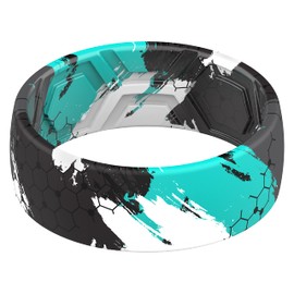 ThunderFit Silicone Wedding Rings for Men, Breathable Printed Design Rubber Engagement Bands 8mm Wide 2mm Thick (Teal Brush Strokes Camo - Size 8-8.5 (18.60mm))