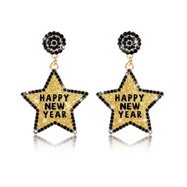 PEALICIOUS Happy New Year Earrings for Women Glitter Rhinestone Earrings Sparkly Gold Star Earrings New Years Jewelry Holiday Earrings for Girls as New Years Gifts Matching New Years Eve Outfit