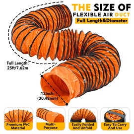 Flexible Duct Hose 12 Inch 25 Feet PVC Ducting Hose Flame Retardant with Adjustable Rope and D-Ring for Utility Blower Exhaust Fan