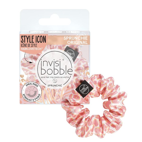 invisibobble Sprunchie "Dressed Like a Cheetah" Scrunchie I 1 x Satin Pink Leo Girls & Women I Strong Hold Fabric Hair Scrunchie I Limited Collection Urban Safari