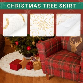 GIGALUMI Christmas Tree Skirt, 36"/90 cm Christmas Tree Skirt with Snowflakes, Snow White faux fur Tree Skirt for Christmas, Home, Parties, Decorations (White/Gold)