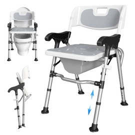 3-in-1 Shower Chair for Seniors, Foldable Bedside Commode, Height Adjustable Raised Toilet Seat with Removable Bucket, Padded Arms & Back Support for Elderly, Adults, 400 lbs Capacity (White)