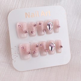 MZCMSL Handmade Nail Tip, Short, Square, Pink, Crystal Stone, 3D, Glitter, 3D, Fashionable, Cute Design, False Nails, Includes Storage Box, Pack of 10, Cat Eye, Magnetic False Claws, S