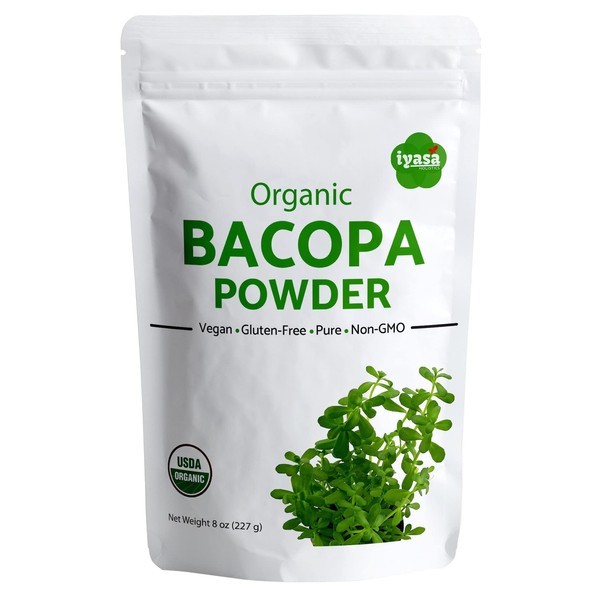 Iyasa Holistics Organic Bacopa Powder (Brahmi Leaf), Certified Organic Ayurveda Superfood, Hair and Brain Tonic, Resealable Pouch of 8 oz