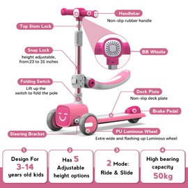 Unbreakable & Never Fall Down 2-in-1 Scooters Kids 3 Wheel Kick Scooter for Boys Girls Ages 3-8, Adjustable Height & Removable Seat, Widened Non-Slip Deck, More Safer for Beginner Toddlers-Pink
