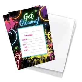 Neon Happy Birthday Invitations Invite Cards (10 Count) With Envelopes Boys Girls Kids Party (10ct)