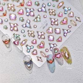 Jelly Aurora Hearts Colorful Flowers Cute Lines Laser 5D Embossed Self-Adhesive Nail Art Stickers for Decoration (2 Sheets) + Nail Tweezers (1 PC)