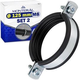 2 Pieces Isophonic Metal Pipe Clamp M8 with Rubber Gasket for Pipes Ø 125 mm - Pipe Clips Made of Galvanized Steel - MONTERAL