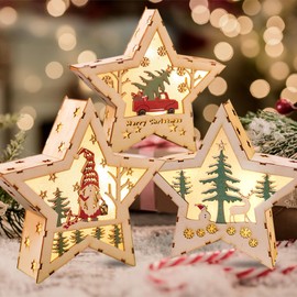 ZQEJEFD LED Decorative Wooden Star, Pack of 3 Wooden Star, Illuminated, Christmas Ornaments, Decorative Star Lamp with Switch, Christmas Tree, Snowman, Reindeer, Christmas Decoration, Gifts for