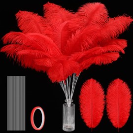Lyrow 25 Pcs Ostrich Feathers Bulk Plumes 10-12 Inch (25-30 cm) Include 12 Pcs Natural Feathers for Vase 12 Sticks and Tape for DIY Crafts Wedding Masquerade Party Centerpiece Decorations(Red)