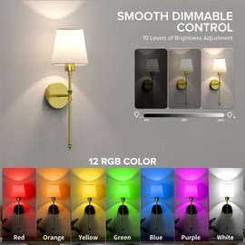 viyawise Stylish Battery Operated Wall Sconce, Set of 2 Wireless Wall Lights for Bedroom and Living Room, Remote-Controlled Wall Lamps with 12 Color Modes for Cozy Ambiance (Golden)