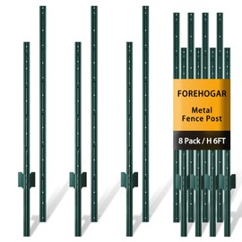 FOREHOGAR Metal Fence Post Green 6 feet, Pack of 8, T Posts for Fences Wire Mesh, No Dig Steel Stakes Fencing for Garden Yard Farm Outdoor Light Duty