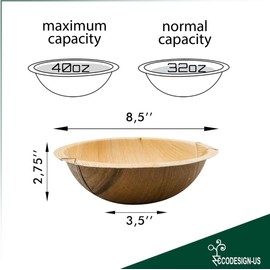 ECODESIGN-US 40 oz Palm Leaf Serving Bowls – 25 Natural Disposable Deep Bowls – Rustic-Style Dinnerware for Parties and Catering – Palm Leaf Alternative to Bamboo Plates