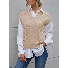 Dokotoo Sweater Vest Fall Sweaters for Women 2022 Cable Knit Sweater Tops Khaki Vests Fashion Casual Tunic Sleeveless Sweater V Neck Oversized Sweater Vest Christmas Outfits Clothes for Women,Small