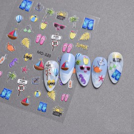 Summer Ocean Nail Stickers Starfish Seashell Sea Coconut Tree Nail Decals 6 Sheets 3D Embossed Vacation Self-Adhesive Beach Stickers Holiday Manicure Design