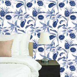 BaoHArtHome Blue Floral Peel and Stick Wallpaper Contact Wall Paper Flower Bathroom Removable Self Adhesive Renter Friendly Peel Off Wallpaper 17.7in x 6.6ft