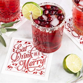 Signature Napkins Eat Drink & Be Merry Christmas Cocktail Napkins - White Linen - 4.5" x 4.5" - Single Use - Party, Events, Holiday (50 x)