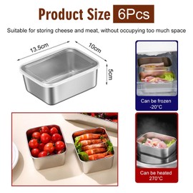 6-Piece Food Storage Box, Stainless Steel Food Container with Lid, Food Storage Containers, Delicatessen Containers, Snack Containers, Machine Washable Food Container Set