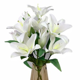 XIYUAN Artificial Tiger Lily Bouquet Lilies Flower with Rods 4 Bundlesof 12 Flower Heads for Home Table Party Garden Shop Office Decoration Artificial Flower(White)