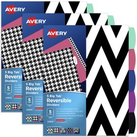 Avery Reversible Fashion Big Tab Dividers for 3 Ring Binder, Assorted Designs, 5 Tab Set, 3 Packs, 3 Sets Total (24914)