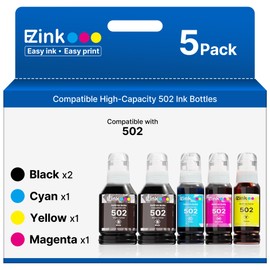 E-Z Ink Compatible 502 Ink Refill Bottles Compatible for Epson 502 Ink Refill Bottles T502 522 T522 High Capacity to Use with Epson ET-3850 ET-2850 ET-4850 ET-2800 ET-2760 ET-3760(5 Bottles)
