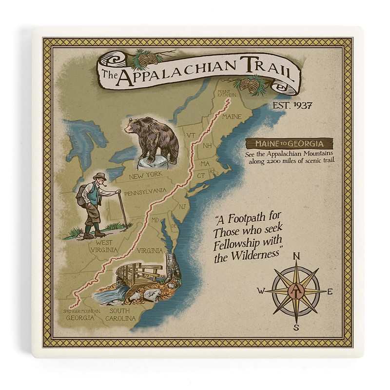 Lantern Press Appalachian Trail Map (Absorbent Ceramic Coaster, Single, Cork