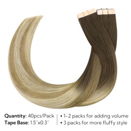 HOTBANANA Tape in Hair Extensions - 16 Inch 40pcs 100g Ombre Walnut Brown to Ash Brown and Bleach - Straight Remy Human Hair