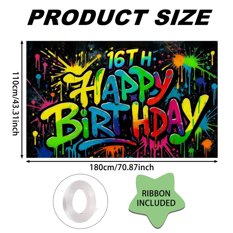 16th Birthday Banner Polyester Graffiti Backdrop Decor 71"x43
