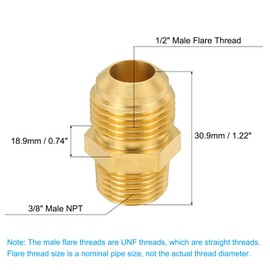 PATIKIL Brass Flare Coupling Fitting, 3/8" Male NPT x 1/2" Male Flare Thread Brass Pipe Fitting Connector Tubing Adapter Coupler Reducer for Propane, Fuel, Oil, Gas Systems
