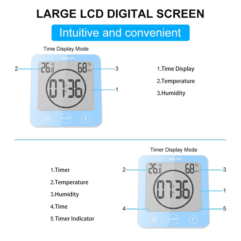 ZONJIE Bathroom Clock - Waterproof Shower Clock for Bathroom, Digital