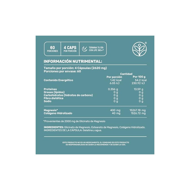 Life 360 Glicinato Magnesio 240 Cápsulas 655 Miligramos Colágeno Hidrolizado