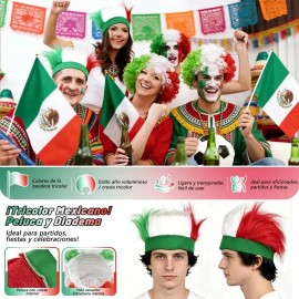 Peluca Mohawk Tricolor para Adultos – Pack con 2 Pelucas y Calcomanía Facial de México,Partido De Fútbol, Celebración Del Mundial,Decoracion Fiestas P