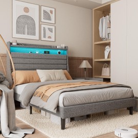 GAOMON Full Bed Frame with Charging Station, LED Light Full Size Platform Bed with Upholstered Headboard and 2-Tier Storage, Easy to Assembly Wooden Slat Support, No Box Spring Needed, Grey