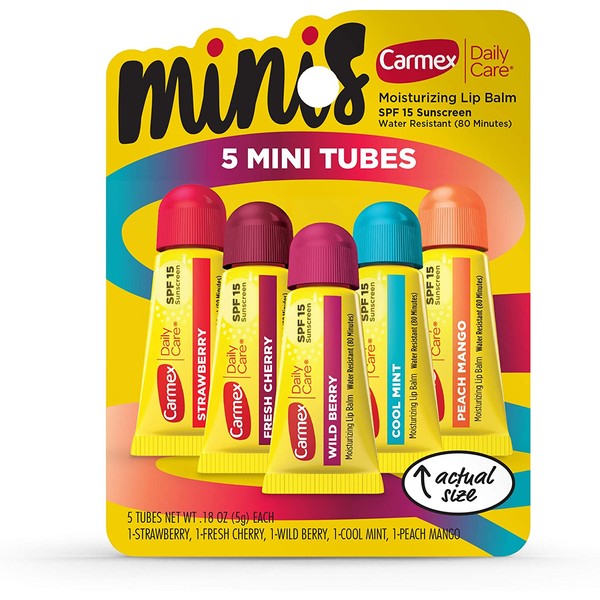 Carmex Daily Care Minis Lip Balm Pack, Lip Balm with Sunscreen in Fresh Cherry, Strawberry, Cool Mint, Wild Berry and Peach Mango - 0.18 OZ Each, 5 Count