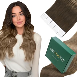 Easyouth Ombre Tape in Extensions Human Hair Invisible Tape in Human Hair Extensions Darkest Brown to Chestnut Brown and Blonde Glue in Hair Extensions Skin Weft 18 Inch 50g 20Pcs #2/6/18
